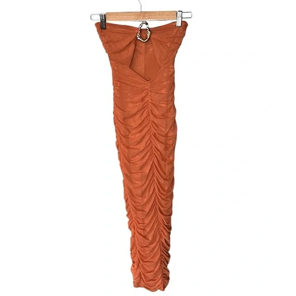 SOLD NWT Oh Polly Ruched Hardware Detail Strapless Midaxi Dress in Burnt Orange - Picture 4 of 12